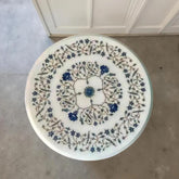 White Marble Coffee Table with Lapis Lazuli Inlay – Handmade Semi-Precious Stone Art Table – Luxury Living Room Decor Unique Handicrafts IND